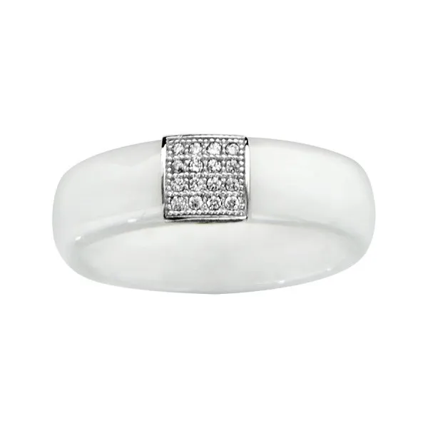 Bague Ceramique Blanche lisse, Carré Argent et Oxydes de Zirconium