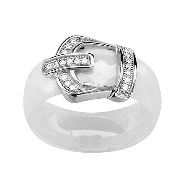 Bague céramique blanche boucle de ceinture en argent et oxydes blancs