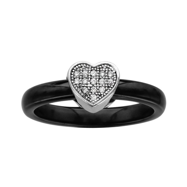 Bague céramique noire avec un coeur en argent et oxydes blancs