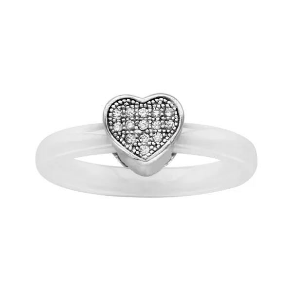 Bague céramique blanche avec un coeur en argent et oxydes blancs