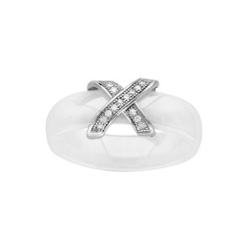 Bague céramique blanche avec deux barrettes croisées en argent