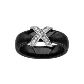 Bague céramique noire avec deux barrettes croisées en argent