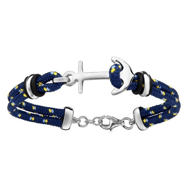 Bracelet argent & corde bleu ancre marine