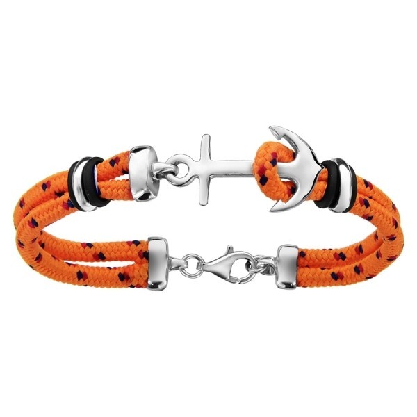 Bracelet argent & corde orange ancre marine
