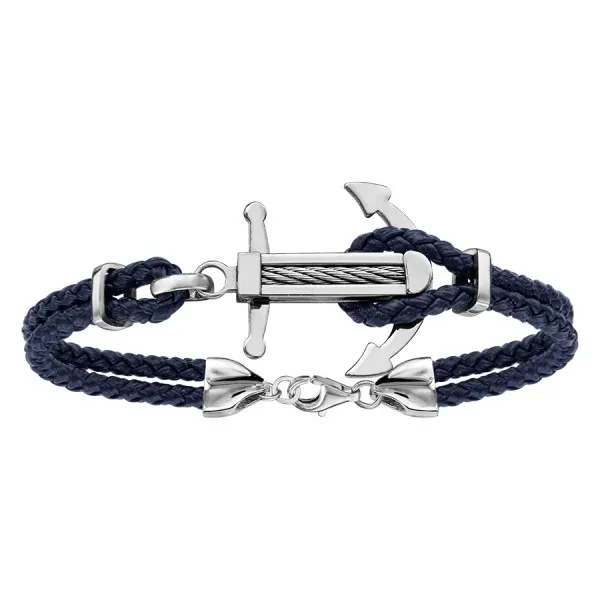 Bracelet acier cuir bleu & ancre marine en acier avec câble