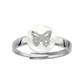 BAGUE ARGENT RHODIE PASTILLE NACRE BLANCHE MOTIF PAPILLON, bague femme, 066007