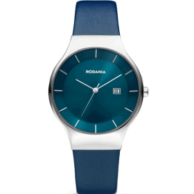 Montre Rodania acier fond bleu cuir bleu pour homme.