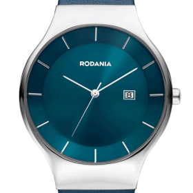 Montre Rodania acier fond bleu cuir bleu pour homme.
