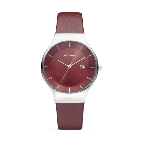Montre Rodania acier fond bordeaux cuir bordeaux pour femme.