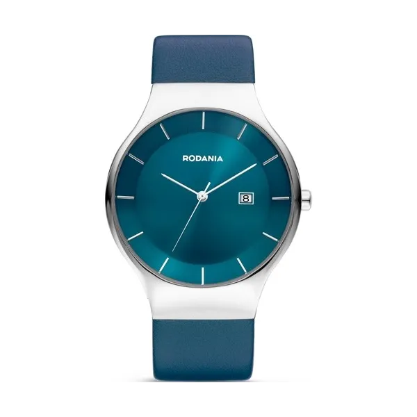 Montre Rodania acier fond bleu cuir bleu pour homme.