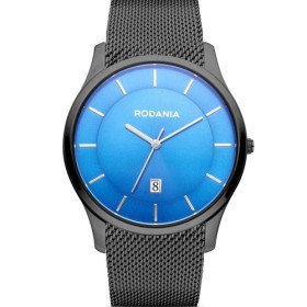 Montre Rodania acier noir fond bleu bracelet milanais pour homme.