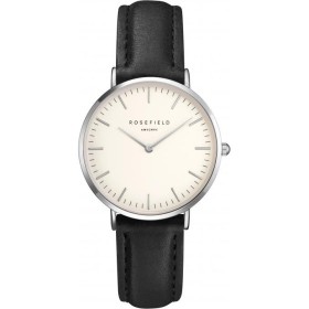 Montre Rosefield cuir noir boitier argenté fond blanc pour femme