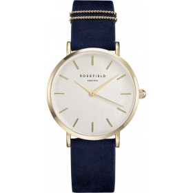 Montre Rosefield bracelet nubuck bleu deux anneaux doré fond nacre