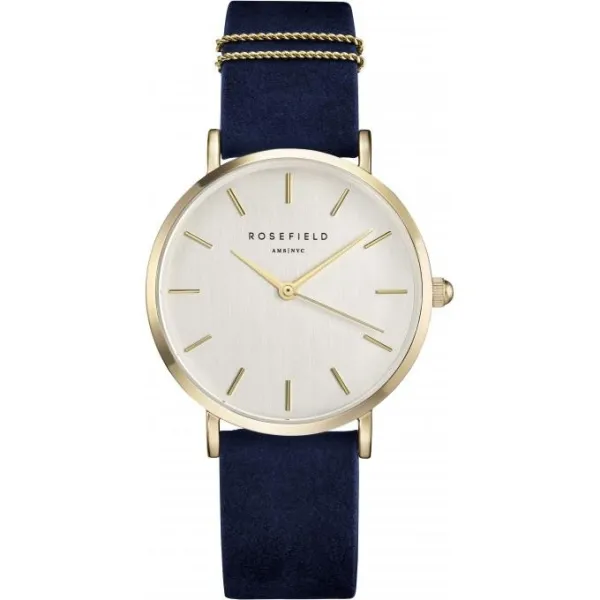 Montre Rosefield bracelet nubuck bleu deux anneaux doré fond nacre