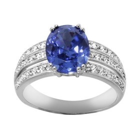 BAGUE ARGENT RHODIE PIERRE CENTRALE OVALE BLEU TANZANITE SYNTH AVEC 3 RANGS OXYDES SERTIS BLANCS, bague femme, 066221