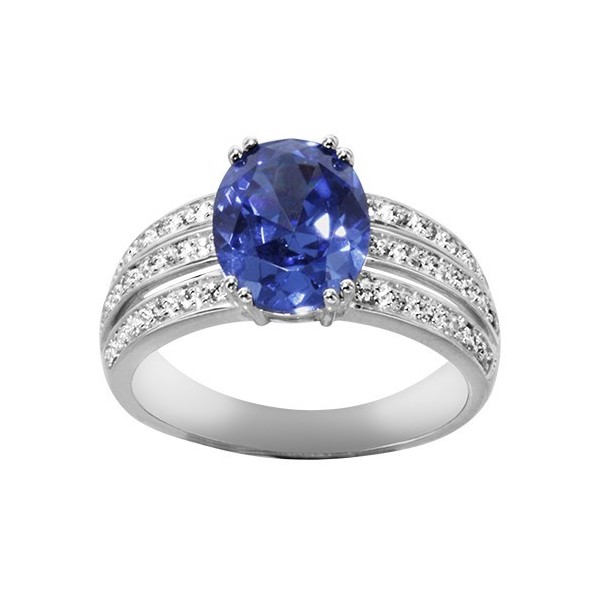 BAGUE ARGENT RHODIE PIERRE CENTRALE OVALE BLEU TANZANITE SYNTH AVEC 3 RANGS OXYDES SERTIS BLANCS, bague femme, 066221