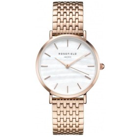 Montre Rosefield en acier doré rose avec un fond blanc nacré pour femme