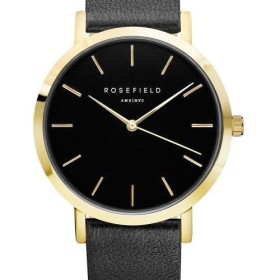 Montre Rosefield bracelet en cuir noir fond noir et boitier doré