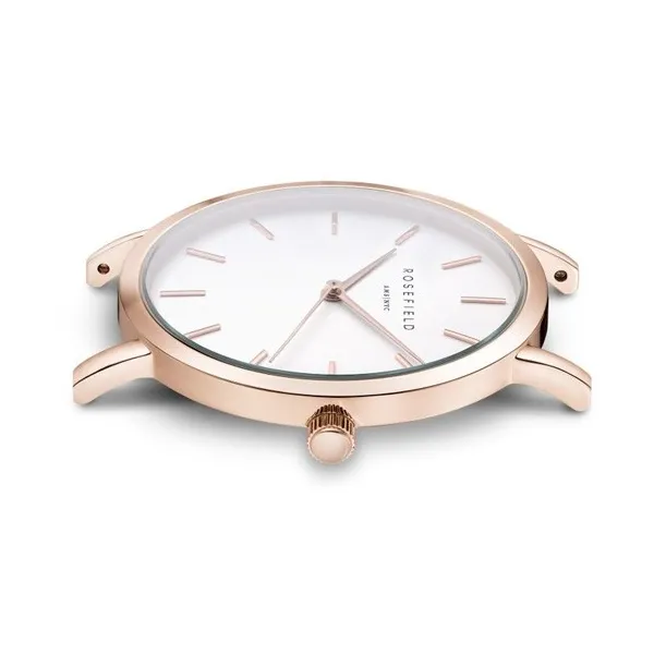 Montre Rosefield bracelet en cuir marron fond blanc et boitier doré rose