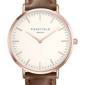 Montre Rosefield bracelet en cuir marron fond blanc et boitier doré rose