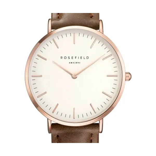 Montre Rosefield bracelet en cuir marron fond blanc et boitier doré rose