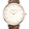 Montre Rosefield bracelet en cuir marron fond blanc et boitier doré rose