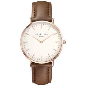 Montre Rosefield bracelet en cuir marron fond blanc et boitier doré rose