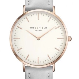 Montre Rosefield en cuir gris boitier rose doré fond blanc