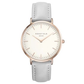 Montre Rosefield en cuir gris boitier rose doré fond blanc