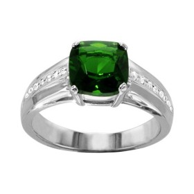 BAGUE ARGENT RHODIE PIERRE VERTE CARRE OXYDES BLANCS SUR MONTURE, bague femme, 066242
