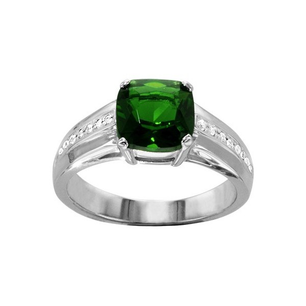 BAGUE ARGENT RHODIE PIERRE VERTE CARRE OXYDES BLANCS SUR MONTURE, bague femme, 066242