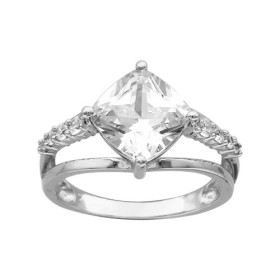 BAGUE ARGENT RHODIE PIERRE CENTRALE CARRE BLANCHE SYNTH EN BIAIS SUR 3 ANNEAUX OXYDES SERTIS BLANCS, bague femme, 066224