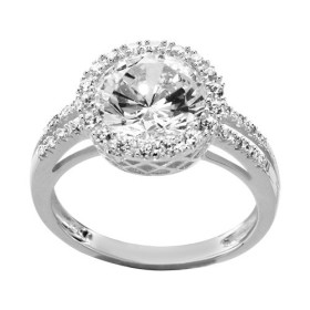 BAGUE ARGENT RHODIE PIERRE CENTRALE RONDE BLANCHE SYNTH CONTOUR OXYDES SERTIS BLANCS, bague femme, 066225