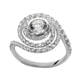 BAGUE ARGENT RHODIE PIERRE CENTRALE RONDE BLANCHE SYNTH AVEC SPIRALES OXYDES SERTIS BLANCS, bague femme, 066226