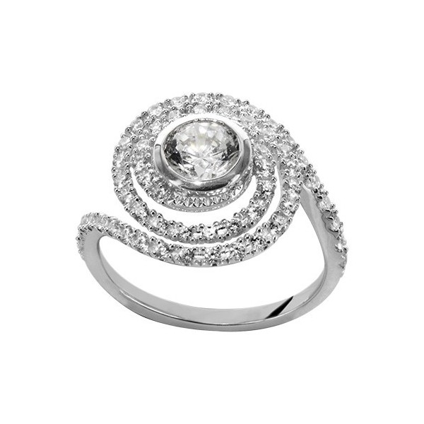 BAGUE ARGENT RHODIE PIERRE CENTRALE RONDE BLANCHE SYNTH AVEC SPIRALES OXYDES SERTIS BLANCS, bague femme, 066226