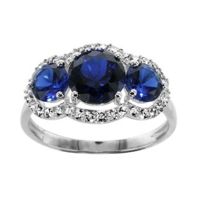 BAGUE ARGENT RHODIE 3 PIERRES RONDES BLEU SYNTH OXYDES SERTIS BLANC, bague femme, 066227