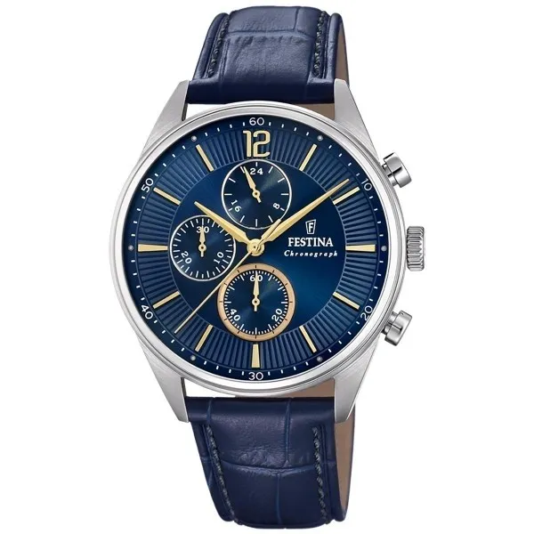 Montre chrono en cuir bleu pour hommes Festina