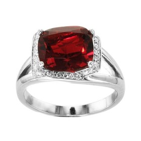 BAGUE ARGENT RHODIE PIERRE ROUGE RECTANGULAIRE SYNTH CONTOUR OXYDES BLANCS SERTIS, bague femme, 066239