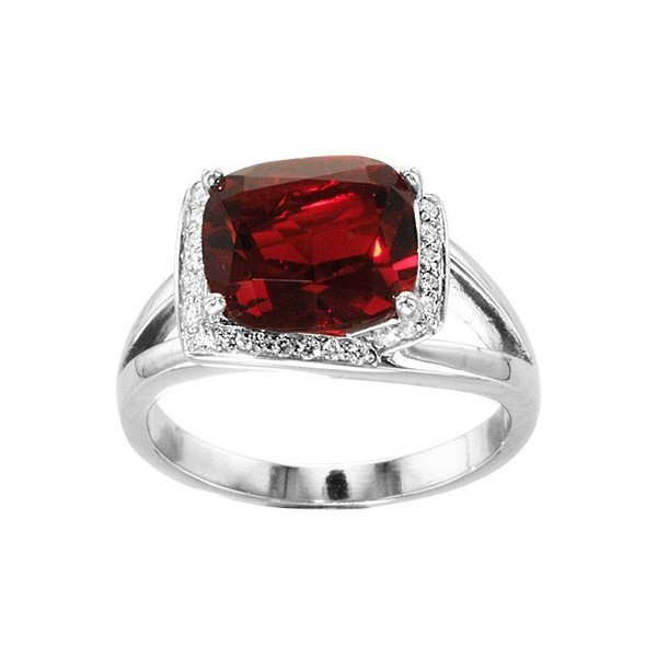 BAGUE ARGENT RHODIE PIERRE ROUGE RECTANGULAIRE SYNTH CONTOUR OXYDES BLANCS SERTIS, bague femme, 066239