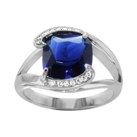 BAGUE ARGENT RHODIE PIERRE BLEU FONCE SYNTH 2 BRANCHES COTE OXYDES BLANCS SERTIS, bague femme, 066243
