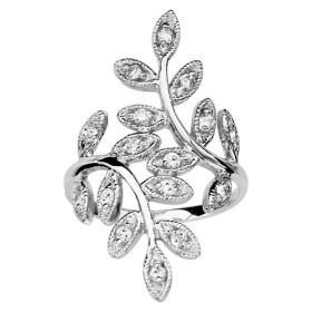 BAGUE ARGENT RHODIE 2 BRANCHES FEUILLAGE OXYDES BLANCS, bague femme, 066347