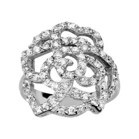 BAGUE ARGENT RHODIE FLEUR DECOUPE OXYDES BLANCS SERTIS, bague femme, 066348
