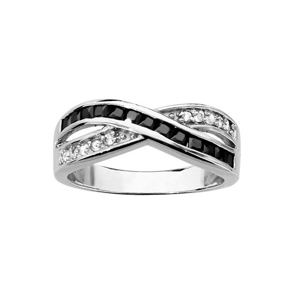 BAGUE ARGENT RHODIE CROISE OXYDES BLANCS ET PIERRES NOIRES SYNTH, bague femme, 066351