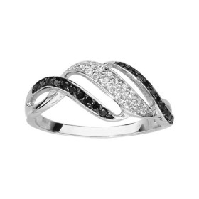 BAGUE ARGENT RHODIE 2 RANGS PIERRES NOIRES SYNTH 1 RANG OXYDES BLANCS EN BIAIS, bague femme, 066352