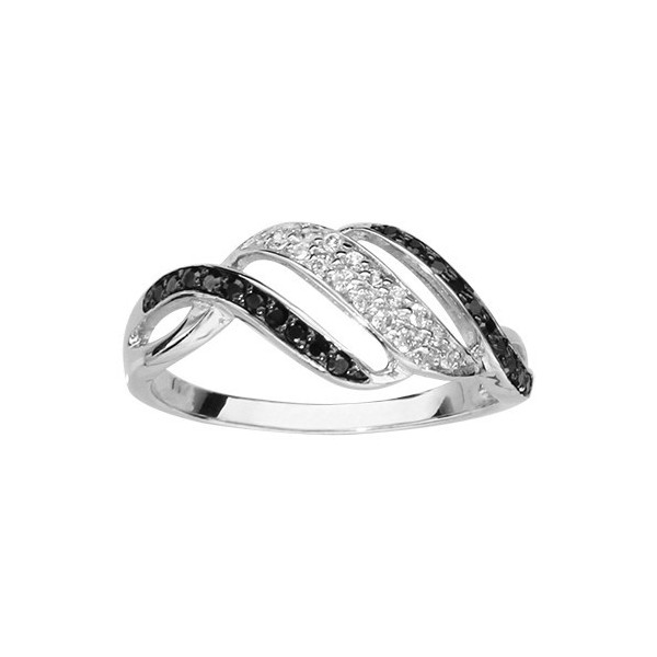 BAGUE ARGENT RHODIE 2 RANGS PIERRES NOIRES SYNTH 1 RANG OXYDES BLANCS EN BIAIS, bague femme, 066352