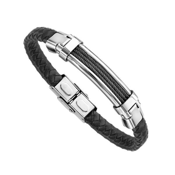 Bracelet Acier Homme - Cuir Noir Tressé & Acier avec cable noir