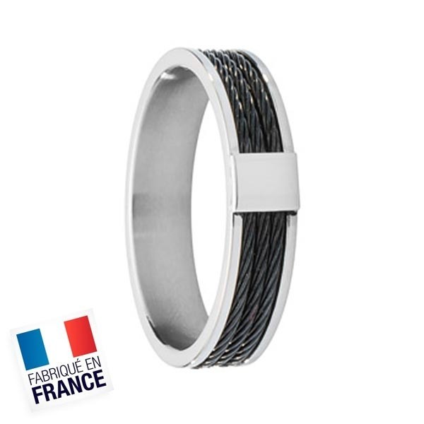 Bague jourdan pour homme acier gris trois câbles noirs