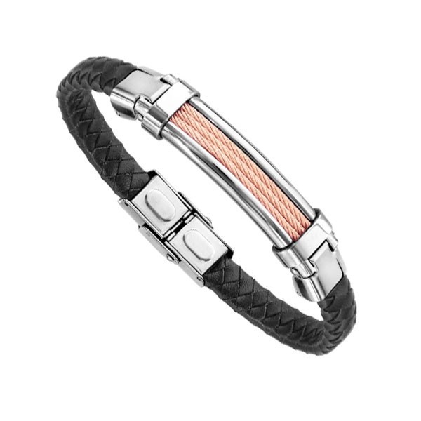 Bracelet Acier Homme - Cuir Bovin Noir Tressé & Acier