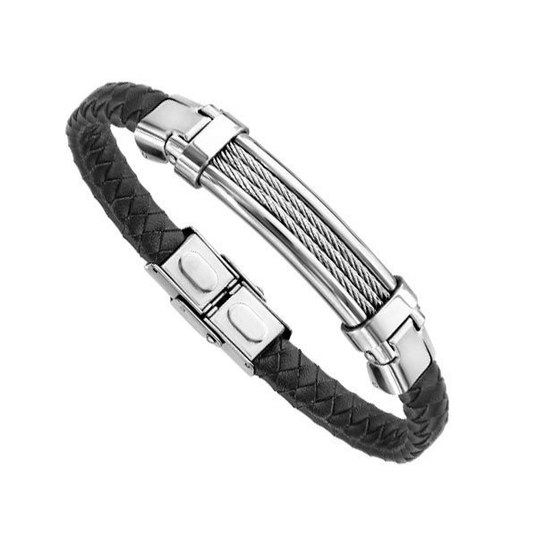 Bracelet Acier Homme - Cuir Bovin Noir Tressé & Acier Câble gris