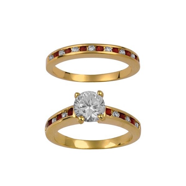 BAGUE DUO PLAQUE OR 2 ANNEAUX RAILS PIERRES BLANCHES ET ROUGES